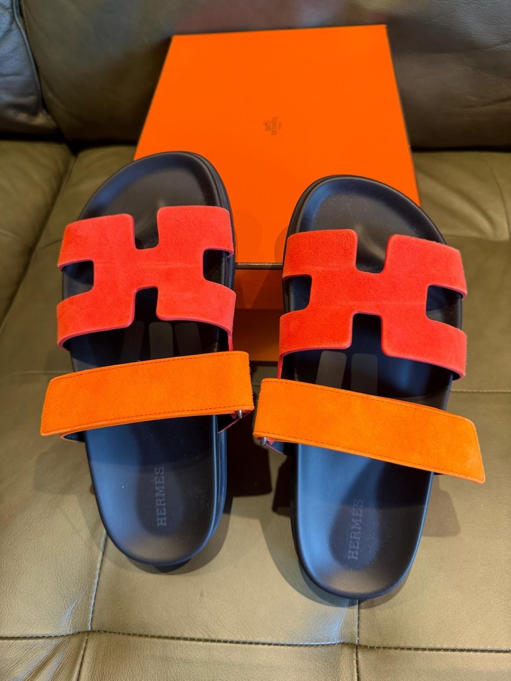 Hermes Chypre Techno Sandals Sunset/Rouge Ecarlate Suede 36.6 / US 6.5